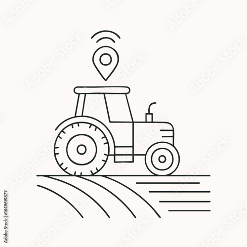 A sleek line art illustration depicts a modern agricultural tractor equipped with GPS technology, symbolizing precision farming and smart agriculture advancements.