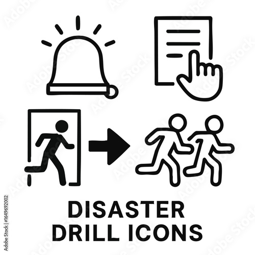 Clear black-and-white vector icons depicting an alarm, instructions, and people evacuating during a crucial disaster drill or emergency safety training.