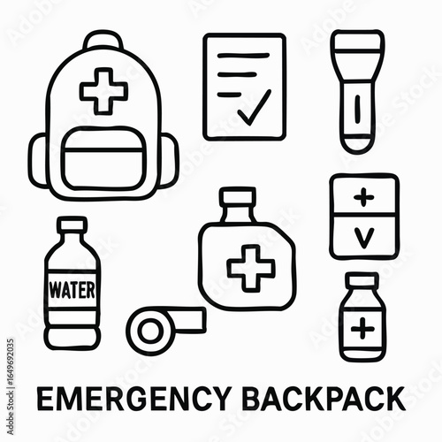 A comprehensive collection of essential line icons depicting various items necessary for emergency preparedness, disaster readiness, and survival kits.