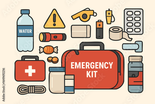 An essential emergency kit illustration featuring vital supplies like water, first aid, and tools, crucial for disaster preparedness and safety.