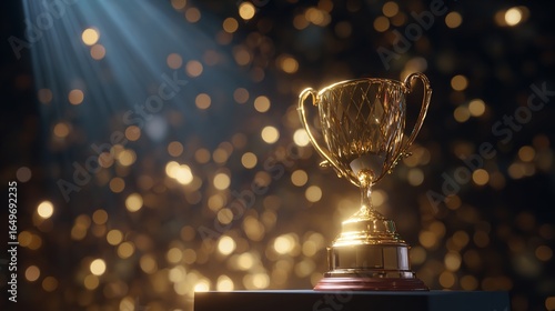 A gleaming golden trophy bathed in a spotlight symbolizing victory and achievement against a bokeh