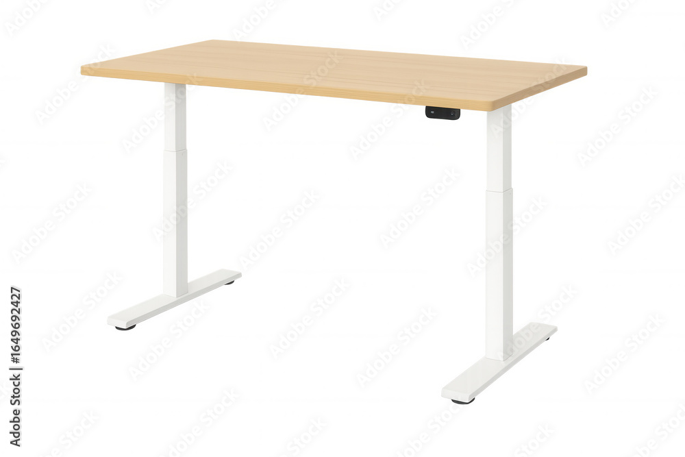 Ergonomic standing desk with light wooden surface, white metal frame, supporting comfortable and efficient home office setup Ergonomic standing desk with light wooden surface, white metal frame, supporting comfortable and efficient home office setup