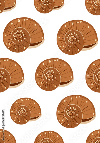 A repeating pattern of brown snail shells on a white background