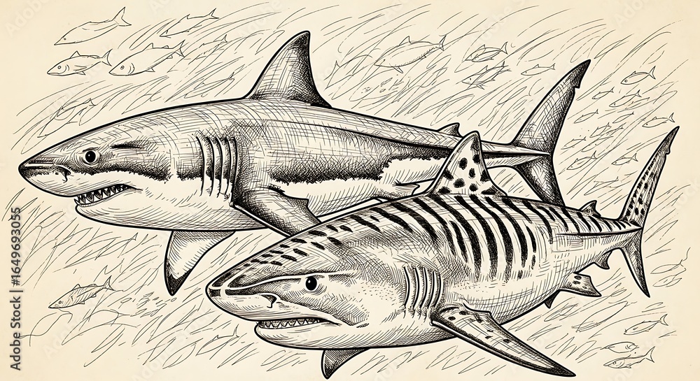 Fototapeta premium Detailed Pen and Ink Illustration of Two Sharks Swimming with Smaller Fish