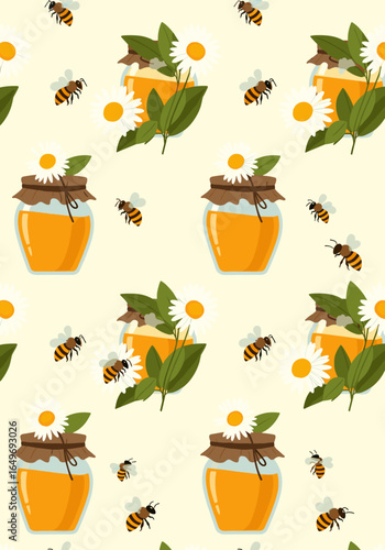Sweet honey bees and daisy flowers seamless pattern for nature and food designs
