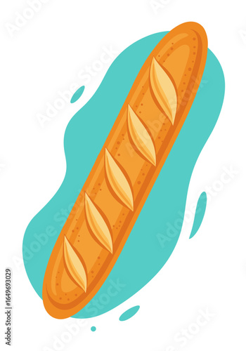 A deliciously fresh baked french baguette resting on a swirl of turquoise water