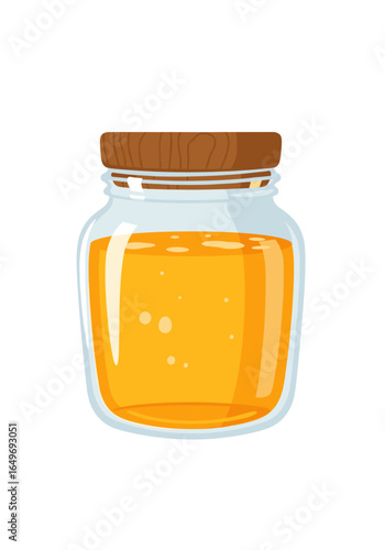 A delightful glass jar filled with golden amber honey adorned with a textured wooden lid perfect for showcasing natural sweetness