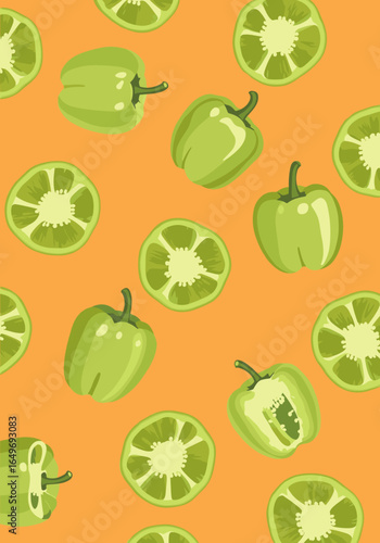 Vibrant green bell peppers scattered across a bright orange background a healthy ingredient for cooking and recipes