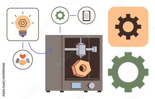 3D printer crafting a geometric shape, surrounded by icons for creativity, planning, and collaboration. Ideal for technology, manufacturing, innovation, teamwork, design production simple flat