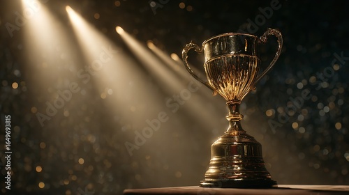 A gleaming golden trophy symbolizes victory and achievement under spotlight celebration with bokeh