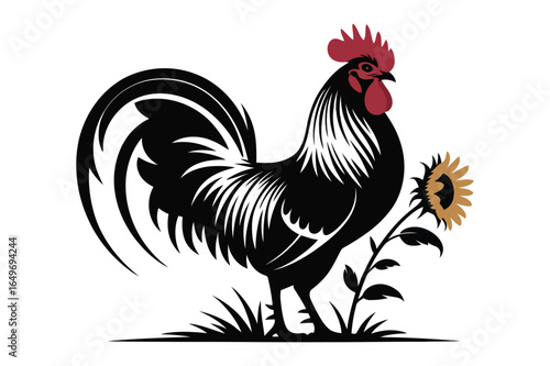 Black Rooster and Sunflower Art Print