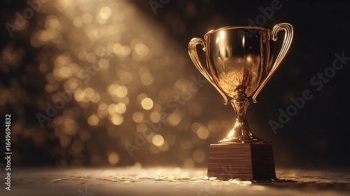 A radiant golden trophy symbolizing achievement and victory gleaming under a spotlight with bokeh