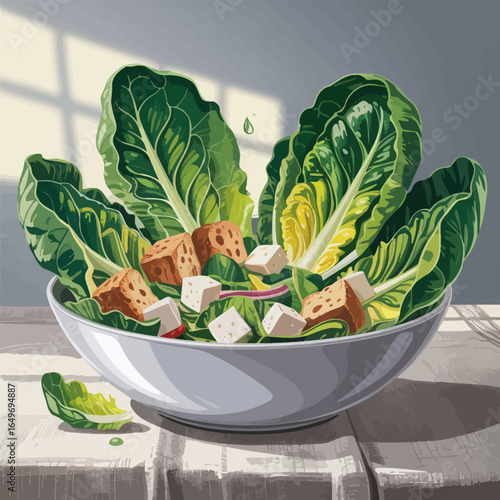 This image features a vibrant salad bowl filled with fresh greens, croutons, and cheese, symbolizing healthy eating and vitality in modern cuisine.