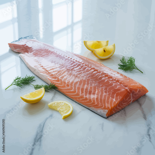 A beautifully presented raw salmon fillet accompanied by fresh lemon and herbs, capturing the essence of culinary preparation, freshness, and gourmet cooking in a bright setting.