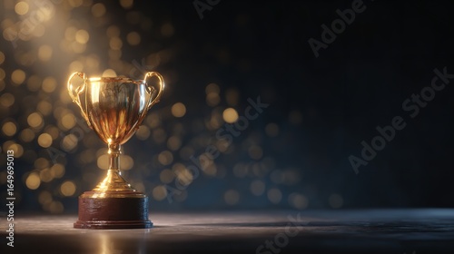 Gleaming gold trophy shining bright symbolising a hard earned victory with shimmering bokeh on dark
