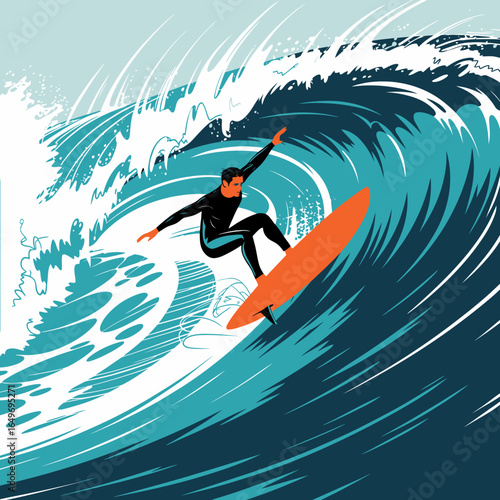 An action-packed illustration depicting a surfer skillfully riding a massive wave, showcasing movement and excitement in water sports, with vibrant blue and turquoise colors.