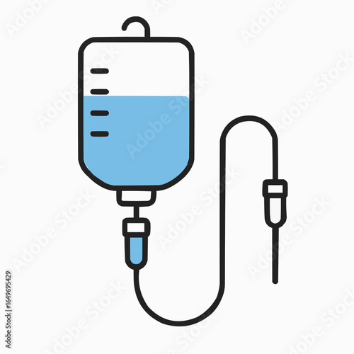 IV bag with blue fluid and attached tubing on white background  