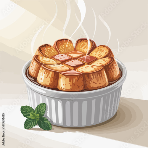 A freshly baked bread pudding sits in a dish, emanating steam and warmth, illustrating the comforting essence of homemade desserts and culinary creativity.