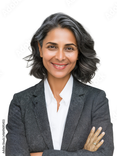 Middle-age Southeast Indian businesswoman, smiling with arms crossed, isolated on white or transparent background
