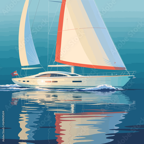 A stunning yacht with white sails gliding smoothly across serene blue waters, reflecting its elegance and the beauty of a sunny day at sea, capturing tranquility and freedom.