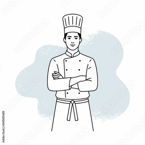This image features a professional chef standing confidently, wearing a traditional white uniform and toque, ready to showcase his culinary skills in the kitchen environment.