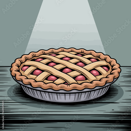 A beautifully arranged cherry pie with a golden, lattice crust illuminated by dramatic lighting, evoking feelings of nostalgia and comfort during special occasions or gatherings.