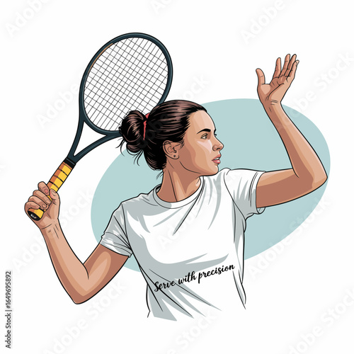 A focused female tennis player preparing to serve, showcasing athleticism and determination, embodying the spirit of sports and competition at its finest.