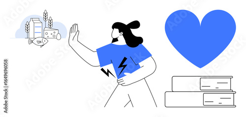 Individual with discomfort holding stomach, gesturing towards milk, cheese, and wheat. Large heart and books nearby. Ideal for health, nutrition, digestion, dietary restrictions wellness awareness