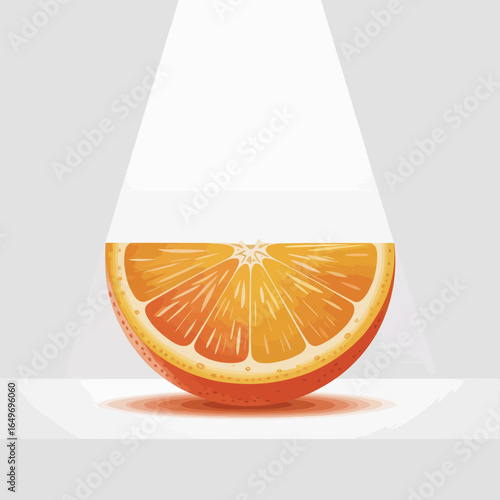 A vibrant slice of orange illuminated by a focused beam of light, showcasing its juicy segments and rich color, evoking freshness and vitality in a playful manner.