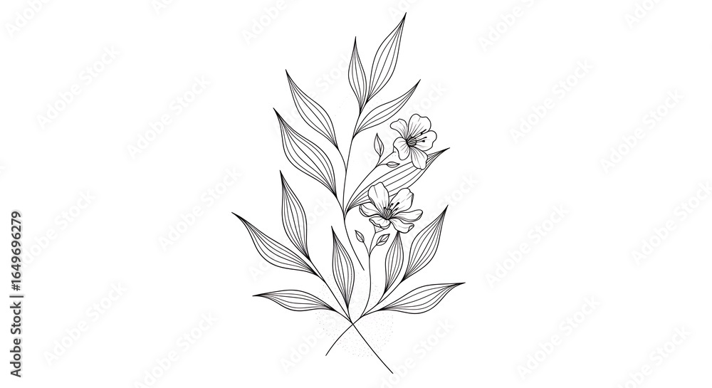 Naklejka premium Elegant Line Art Floral Branch with Delicate Flowers and Leaves