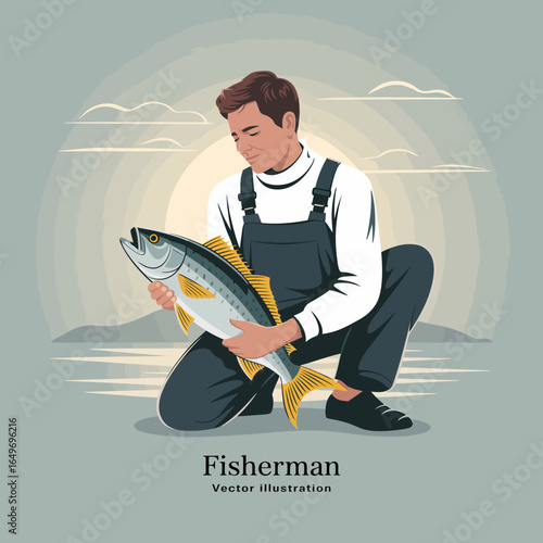 A fisherman proudly displays his catch against a scenic backdrop, representing the connection between nature and the rewarding experience of fishing.