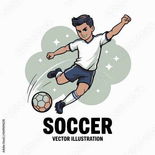 A young soccer player in mid-kick, demonstrating skill and enthusiasm for the sport, encapsulating the joy and excitement of playing soccer on the field.