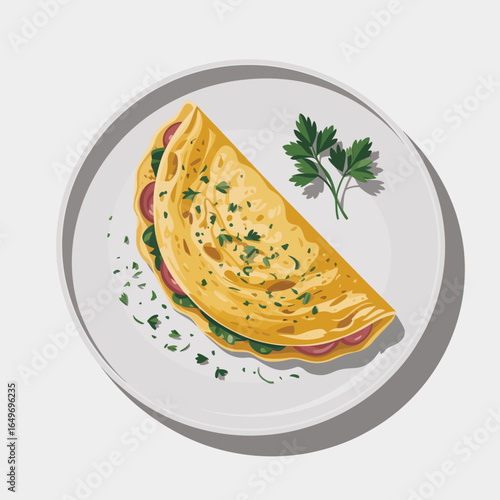 An appetizing omelette is presented on a white plate, garnished with fresh herbs, offering a visual feast while highlighting healthy and delightful culinary creations.