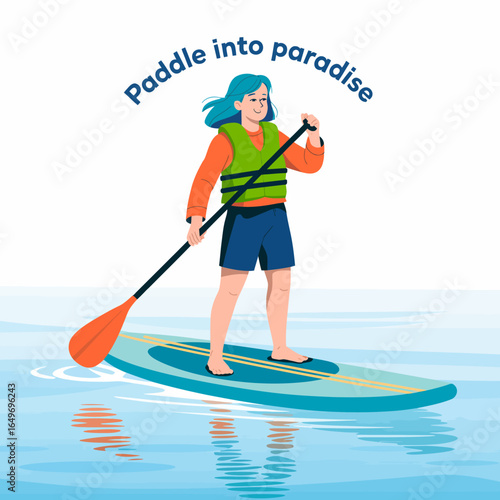 A young woman enjoys a serene paddleboarding experience on calm waters, surrounded by nature’s beauty and the perfect atmosphere for relaxation and adventure.