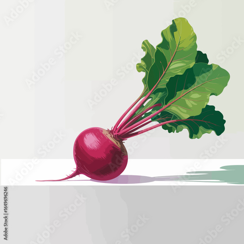 A beautifully detailed artwork featuring a vibrant beetroot with lush green leaves, showcasing the market's freshness and the beauty of organic produce.