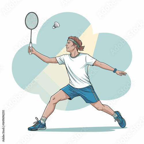 This dynamic illustration captures a badminton player mid-action, showcasing athleticism, dedication, and energy while engaging in a sports activity against a vibrant background.