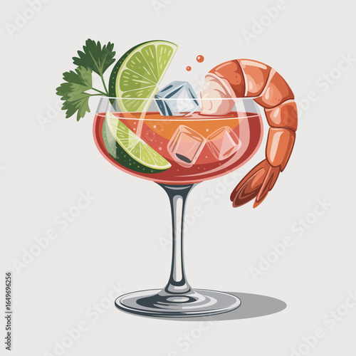 A vibrant shrimp cocktail showcases succulent shrimp on the rim of a glass, garnished with lime and fresh herbs, inviting a refreshing dining experience by the sea.