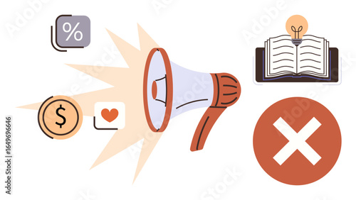 Megaphone amplifying ideas, contrasting icons for money, love, information, and prohibition. Ideal for marketing, communication barriers, strategy, business ethics decision making education simple