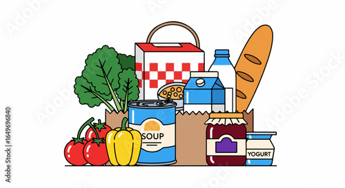 Assortment of Fresh Groceries and Packaged Foods in a Colorful Illustration.