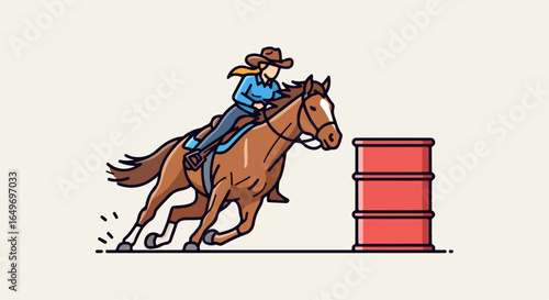 Woman in Western Hat Riding Horse Around Barrel in Rodeo Competition.