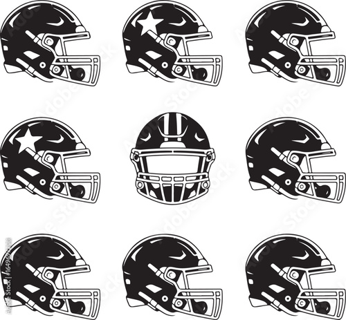 Nine American football helmets with stars and plain designs sport athlete