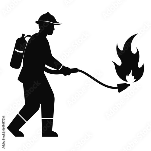 Solid black silhouette of a firefighter using foam spray to control flames.