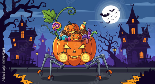 Cute Mecha Halloween Pumpkin Monster Filled with Candy and Sweets on a Spooky Night