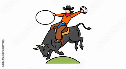 Cowboy riding a bucking bull with a lasso, Western rodeo action.