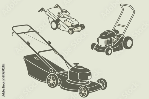 Collection of three different lawnmowers for lawn care and gardening tasks