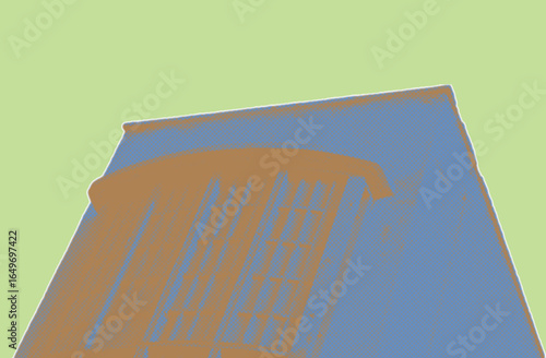 facade old building exterior color halftone dotted texture style collage element isolated on green background
