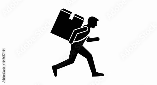 Silhouette of a delivery person running with a large package on their back.