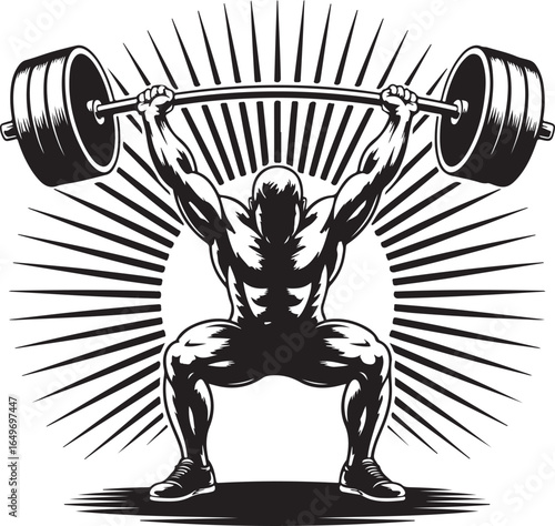 Muscular Man Performing Barbell Squat with Sunburst Background weightlifting strength