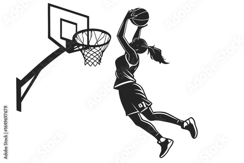 Silhouette of a female basketball player dunking the ball on a court