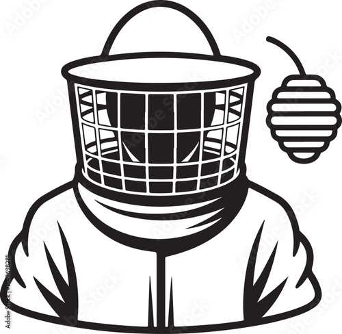 Black And White Icon Of A Beekeeper Wearing A Protective Suit And Veil apiary apiarist
